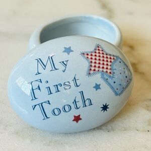 Baby My First Tooth Ceramic Trinket Keepsake Box - Light Blue with Stars -Unisex